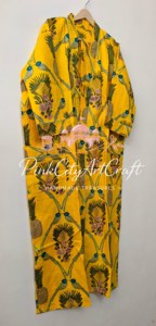 Robe kimono indienne artisanale en coton, imprimé floqué Jaipuri, jaune, longueur ras du sol, coupe ample, peignoir, vêtement de nuit d'été, kaftan - Product Image 5