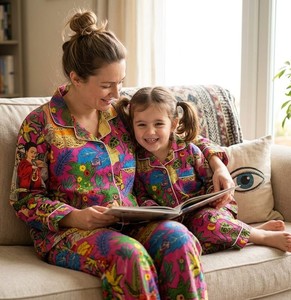 Conjunto de Pijamas a Juego para Mamá e Hija, Algodón Suave con Diseño de Nubes y Dibujos Animados, Transpirable, de Secado Rápido, Cintura Elástica, Ropa de Estar por Casa Familiar - Product Image 2