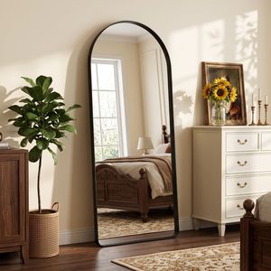 Miroir sur pied arqué pleine longueur 21x64 pouces, coins arrondis, cadre profond, fait main, en bois rustique noir - Product Image 1