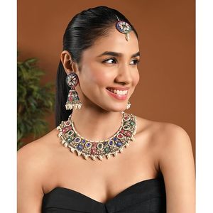 Gold Plated Alloy Kundan Zircon Jewelry Set Necklace Earrings Ring Imitation Pearl Micro <b>Insert</b> Certified Women Wedding Fashion - Product Image 4