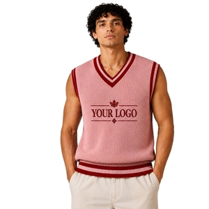 Gilet pull sans manches en maille pour homme, rose clair et bordeaux à rayures contrastées, col en V, léger, décontracté, personnalisable avec logo OEM - Product Image 1