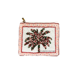 Monedero de palma con cuentas hecho a mano, mini cartera con cremallera, diseño bohemio rosa y blanco, unisex, diseño personalizado, hecho a mano - Product Image 1