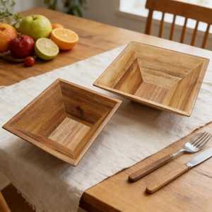 Wooden Square Bowls Set Stackable Minimalist Design For Home Food Serving Natural Wood Grain Finish Handmade Craft Bowl Server - Product Image 4