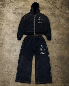 Custom Premium Winter Solid Vintage Washed Zip Hoodie <b>Rhinestone</b> Embroidery Cropped <b>Jacket</b> Wide Leg Sweatpants 100% Cotton - Product Image 1