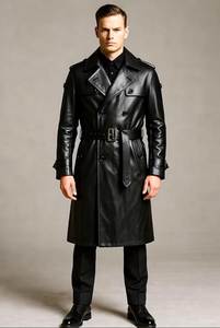 <b>Men</b> Genuine Leather <b>Long</b> Trench <b>Coat</b> Notched Lapel Double Breasted With Belt Regular Fit - Product Image 2