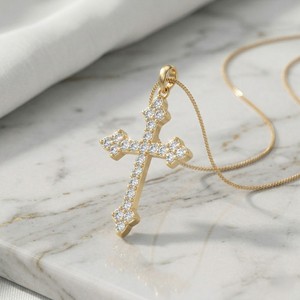 2.65CTW Lab Grown Brilliant Cut Diamond <b>Cross</b> <b>Pendant</b> Necklace Prong Set Yellow Gold Religious Jewelry Luxury Classic Crucifix - Product Image 1