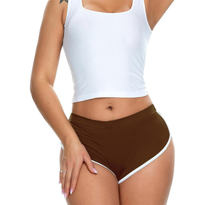 Shorts tricotés taille haute de qualité supérieure, marron uni avec bordure blanche, style sportif, respirant, taille élastique, pour femme - Product Image 6