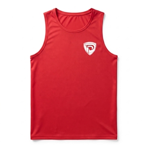 <b>Red</b> Men's Sleeveless <b>Tank</b> <b>Top</b> O-Neck Solid Color Quick Dry Polyester Casual Wear Knitted Front Logo Print - Product Image 1