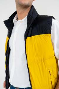 Men's <b>Yellow</b> Black Color Blocked <b>Puffer</b> Vest Stand Collar Zipper Closure Casual Autumn Outerwear Windproof Sleeveless <b>Jacket</b> - Product Image 4
