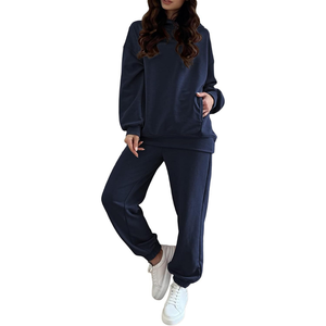 Conjunto Deportivo de 2 Piezas para Mujer, Sudadera con Capucha y Pantalones Jogger Azul Marino, Mezcla de Algodón y Felpa, Ropa Casual para Estar en Casa, Fabricante Personalizado OEM - Product Image 1