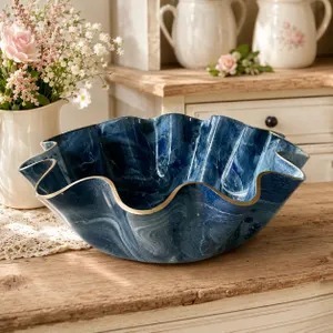 Handmade Wood <b>Bowl</b> <b>Blue</b> Marble Pattern Gold Rim Modern Design Durable Non-Toxic Food Serving Dish Gifting Decorative - Product Image 2