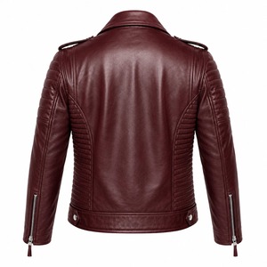Blouson moto en cuir bordeaux pour homme avec fermeture éclair, coupe ajustée, col rabattable, style automne - Product Image 4