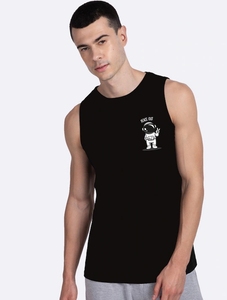 Débardeur sans manches noir pour homme avec imprimé astronaute de dessin animé, col rond, style décontracté, matière en coton respirante - Product Image 1