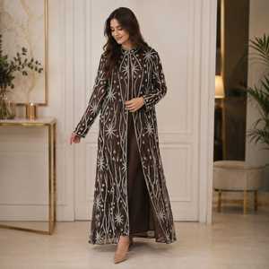 Elegant Embroidered Georgette Long Sleeve Abaya <b>Women</b> | Heavy Sequin Floral Embroidery Open Front Stand <b>Collar</b> Party Wear Maxi - Product Image 1