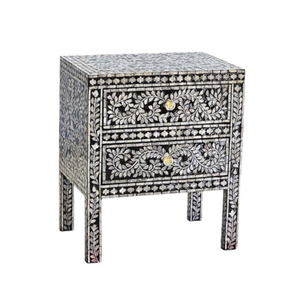 Table d'appoint en bois artisanal haut de gamme avec incrustation de briques de coquillages turquoise et étagère ouverte polyvalente, design de table de chevet Capiz - Product Image 3