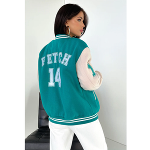Veste universitaire surdimensionnée personnalisée pour femme, couleur turquoise/beige, style baseball, en laine, coupe courte, pour femme - Product Image 2