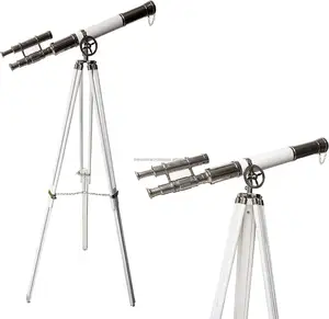 Télescope au sol vintage de 52 "rétro en cuir blanc et finition nickel avec trépied au sol pour la maison et le bureau Astro - Product Image 1