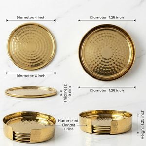 Gold Wood Coaster Set Hammered Art Deco Design Handmade Metal Handicraft 4-Piece Holder Luxury <b>Table</b> <b>Protection</b> Home Decoration - Product Image 3