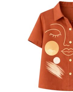 ชุดเซ็ตสองชิ้นลายพิมพ์หน้าคนแบบนามธรรมสีเทอร์ราคอตต้าสำหรับผู้หญิง เสื้อเชิ้ตแขนสั้นติดกระดุมพร้อมกางเกงขายาวทรงกว้าง สวมใส่สบายๆ - Product Image 2