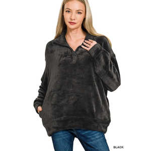 Veloro Zenana Pull en fausse fourrure pour femme avec demi-fermeture éclair et poche, vêtement d'extérieur confortable, taille S, noir - Product Image 2