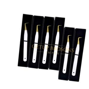 90 Degree <b>Boot</b> Precision Stainless Steel Anti-Static 10mm Smooth Tip white with Gold Tip Eyelash Tweezers Set Logo <b>Box</b> - Product Image 5