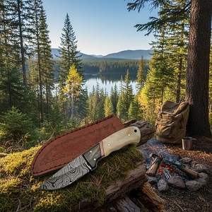 Couteau de chasse artisanal à lame fixe de 8 pouces en acier Damas, manche en os, étui inclus, personnalisable OEM, pour camping et bushcraft en extérieur - Product Image 3