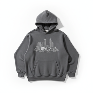 Sudadera con Capucha Gris para Hombre, de Algodón y Felpa, Corte Holgado, Estampado de Horizonte Urbano, Estilo Casual para Otoño, con Bolsillos - Product Image 1