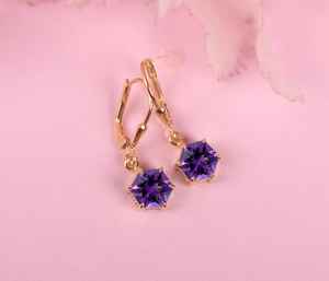 Pendientes de Amatista Hexagonales con Cierre de Palanca, Joyería de Piedra de Nacimiento de Febrero, Plata de Ley 925, Chapado en Oro de 14K, Regalo Minimalista para Ella - Product Image 3