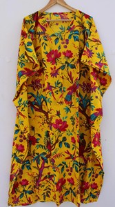 Dhati Handicraft - Caftanes de Algodón Ecológicos de Secado Rápido con Estampado de Aves, Túnica Amarilla con Cuello en V, Manga Corta, Cordón Ajustable, Ropa Casual de Verano - Product Image 4