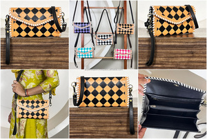 Wholesale Hand Tooled Cowhide Leather Crossbody Bag Diamond Pattern Shoulder Purse Handmade Clutch Adjustable Strap for Ladies - Product Image 3