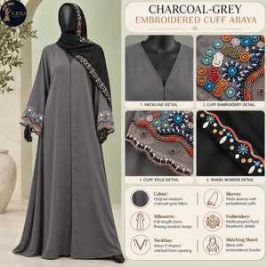 Abaya con Cuentas Multicolores para Mujer en Gris Carbón con Mangas Anchas |   Elegante Túnica Modesta con Borde de Chal a Juego, Chic - Product Image 5