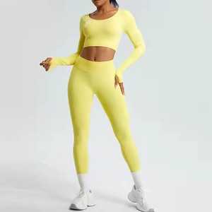 Custom Yoga Set Long Sleeve Scoop Neck Crop Top with Thumbholes & High Waisted Scrunch Booty <b>Leggings</b> Gym Activewear - Product Image 2