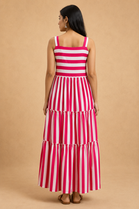 Vestido Maxi Bohemio de Algodón a Rayas Rosas, Sin Mangas, con Volantes, Largo, Casual, Cuello Cuadrado, Ecológico, Vestido de Verano, Ropa de Playa - Product Image 3