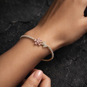 Pulsera de tenis con mariposa y flor de moissanita rosa, chapada en oro de 18K sobre plata de ley, dije de moda para mujer, regalo para fiesta - Product Image 5