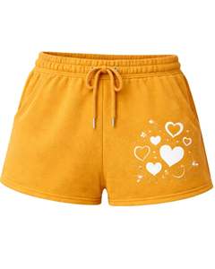 กางเกงขาสั้นผ้าฟลีซสีเหลืองมัสตาร์ดสำหรับผู้หญิง พิมพ์ลายหัวใจ เอวยางยืด สวมใส่สบายสำหรับฤดูร้อน รับผลิตตามสั่ง ขายส่ง รับผลิตแบบ OEM - Product Image 1