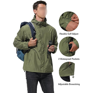 Chaqueta cortavientos con capucha, ventilación trasera de malla, dos bolsillos con cremallera y cordón elástico en el dobladillo para ajuste. - Product Image 4
