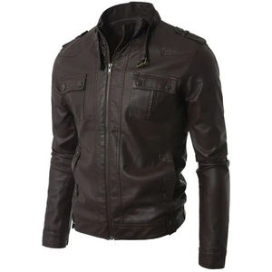 <b>Men's</b> Casual Faux <b>Leather</b> <b>Jacket</b> Solid Color PU with Hooded Stand Collar Regular Fit Motorcycle <b>jacket</b> for <b>men</b> - Product Image 3