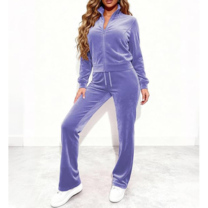 Conjunto de sudadera con capucha y pantalones de chándal de terciopelo con cremallera completa, tela suave y afelpada, bolsillos laterales, cintura con cordón, chándal de terciopelo. - Product Image 4