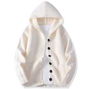 Unisex Knitted Hooded <b>Cardigan</b> Regular Sleeve Solid Color Button Front Regular Fit Casual Winter Wear 100% Cotton <b>Pocket</b> - Product Image 1