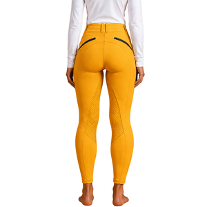 Leggings d'équitation jaune doré pour femmes, taille haute, avec grip en silicone extensible et poches intégrées - Product Image 2