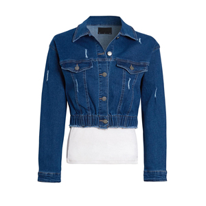 Women <b>Cropped</b> Blue <b>Denim</b> <b>Jacket</b> Elastic Hem Button Front Long Sleeve Casual Fashion Jean Outerwear - Product Image 5