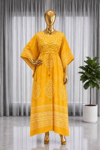 Trending Yellow Ethnic <b>Kaftan</b> <b>Dress</b> With White Print Loose Fit Ankle-Length For Women Casual Wear India Pakistan Style Summer - Product Image 2