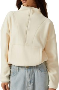 <b>Women</b> Oversized Cream <b>Quarter</b>-<b>Zip</b> <b>Sweatshirt</b> Full Sleeve Stand Collar Solid Color Knitted Breathable Autumn Wear - Product Image 4