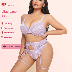 Set di Lingerie <span class=keywords><strong>in</strong></span> Pizzo Plus Size 3 Pezzi: Reggiseno, Mutandine e <span class=keywords><strong>Reggicalze</strong></span> <span class=keywords><strong>in</strong></span> Viola Chiaro - Product Image 6