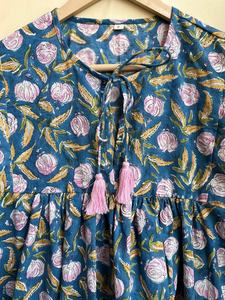 Casual Floral Block Print Tunic Top Deep Neck with <b>String</b> Closer Hand Woven Long Maxi <b>Dress</b> Embroidery for Outwear - Product Image 5