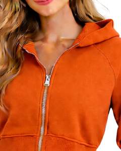 Sudadera con capucha corta con cremallera para mujer, de manga larga, informal, de forro polar suave, estilo urbano, color naranja, para otoño e invierno - Product Image 3