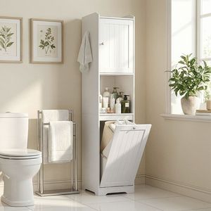 Mobiletto da Bagno in Truciolato Melaminico Bianco con Venatura Verticale 40*40*180cm, 1 Anta + Cassetto Inferiore a Ribalta per Mobili da Bagno Non Tessuti - Product Image 1