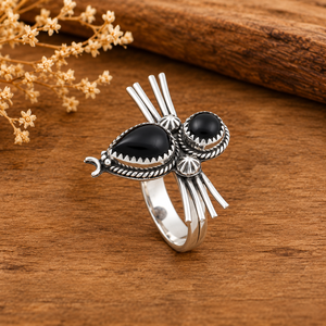 Bague en argent double pierre onyx noir rond et poire, style bohème western, bijou fantaisie fait main pour femme - Product Image 6