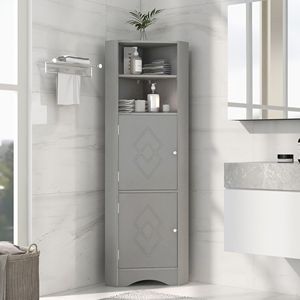 Mobiletto angolare alto da bagno autoportante con ripiani e ante regolabili, unità di stoccaggio in MDF - Product Image 2