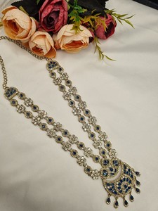 Traditional Flower Motif Dual Layer Long Necklace Earrings And Mangtika <b>Set</b> For Women Designer Fashion <b>Jewellery</b> <b>Set</b> Collections - Product Image 5